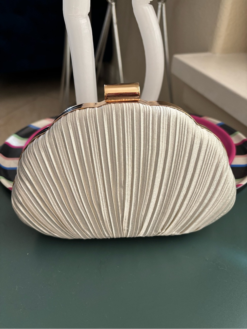 New! Ivory Pleated Shell Clutch with Gold Frame